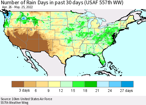 United States Number of Rain Days in past 30 days (USAF 557th WW) 05/25/2022 Thematic Map For 5/21/2022 - 5/25/2022