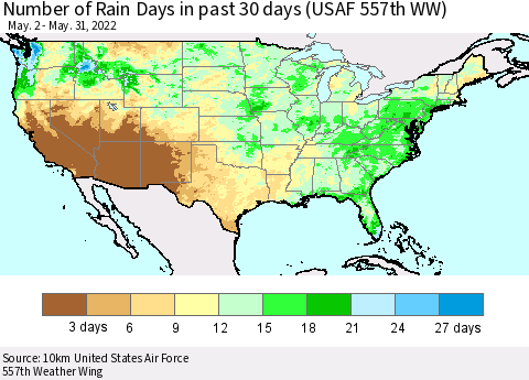 United States Number of Rain Days in past 30 days (USAF 557th WW) 05/31/2022 Thematic Map For 5/26/2022 - 5/31/2022