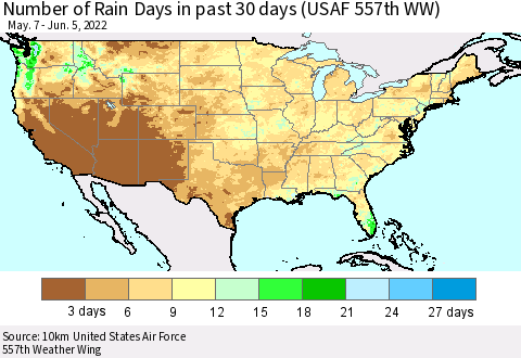 United States Number of Rain Days in past 30 days (USAF 557th WW) Thematic Map For 6/1/2022 - 6/5/2022