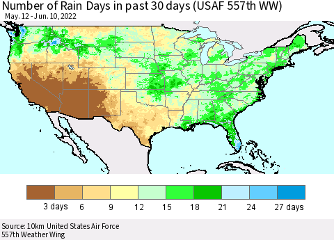 United States Number of Rain Days in past 30 days (USAF 557th WW) 06/10/2022 Thematic Map For 6/6/2022 - 6/10/2022