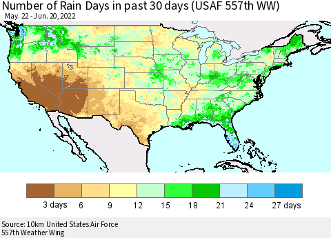 United States Number of Rain Days in past 30 days (USAF 557th WW) 06/20/2022 Thematic Map For 6/16/2022 - 6/20/2022