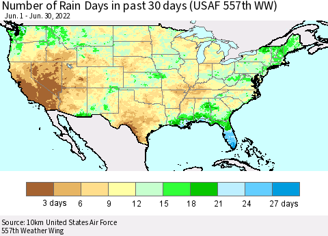 United States Number of Rain Days in past 30 days (USAF 557th WW) 06/30/2022 Thematic Map For 6/26/2022 - 6/30/2022