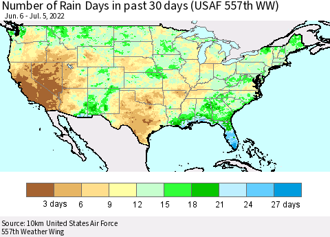 United States Number of Rain Days in past 30 days (USAF 557th WW) 07/05/2022 Thematic Map For 7/1/2022 - 7/5/2022