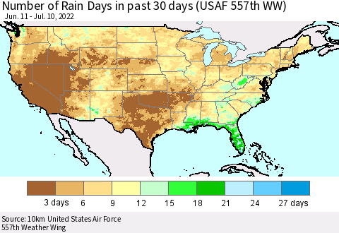 United States Number of Rain Days in past 30 days (USAF 557th WW) 07/10/2022 Thematic Map For 7/6/2022 - 7/10/2022