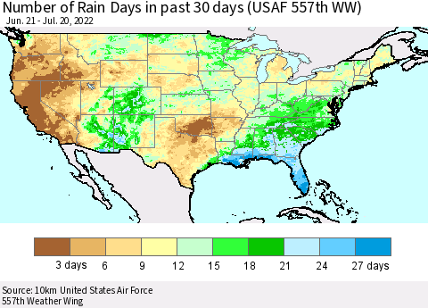 United States Number of Rain Days in past 30 days (USAF 557th WW) 07/20/2022 Thematic Map For 7/16/2022 - 7/20/2022
