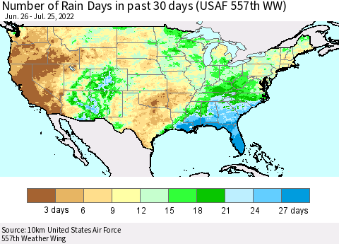 United States Number of Rain Days in past 30 days (USAF 557th WW) 07/25/2022 Thematic Map For 7/21/2022 - 7/25/2022