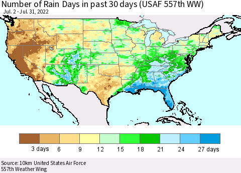 United States Number of Rain Days in past 30 days (USAF 557th WW) 07/31/2022 Thematic Map For 7/26/2022 - 7/31/2022