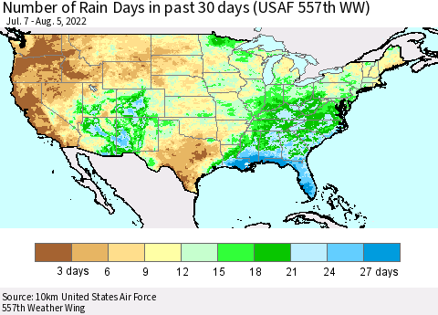 United States Number of Rain Days in past 30 days (USAF 557th WW) 08/05/2022 Thematic Map For 8/1/2022 - 8/5/2022