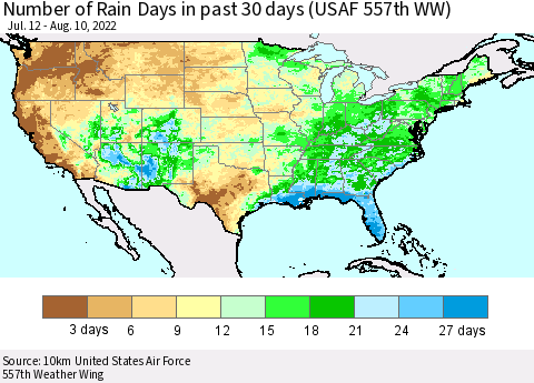 United States Number of Rain Days in past 30 days (USAF 557th WW) 08/10/2022 Thematic Map For 8/6/2022 - 8/10/2022