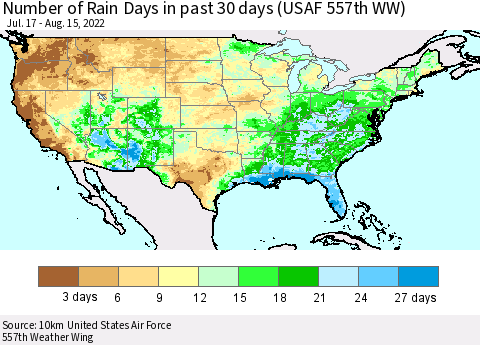 United States Number of Rain Days in past 30 days (USAF 557th WW) 08/15/2022 Thematic Map For 8/11/2022 - 8/15/2022