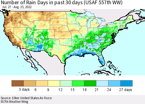 United States Number of Rain Days in past 30 days (USAF 557th WW) 08/25/2022 Thematic Map For 8/21/2022 - 8/25/2022