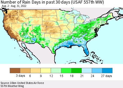 United States Number of Rain Days in past 30 days (USAF 557th WW) 08/31/2022 Thematic Map For 8/26/2022 - 8/31/2022
