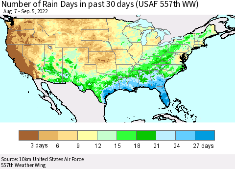 United States Number of Rain Days in past 30 days (USAF 557th WW) 09/05/2022 Thematic Map For 9/1/2022 - 9/5/2022