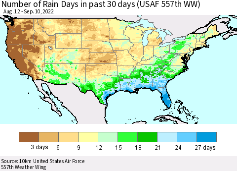 United States Number of Rain Days in past 30 days (USAF 557th WW) 09/10/2022 Thematic Map For 9/6/2022 - 9/10/2022