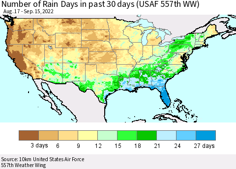 United States Number of Rain Days in past 30 days (USAF 557th WW) 09/15/2022 Thematic Map For 9/11/2022 - 9/15/2022