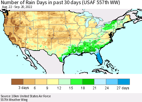 United States Number of Rain Days in past 30 days (USAF 557th WW) 09/20/2022 Thematic Map For 9/16/2022 - 9/20/2022