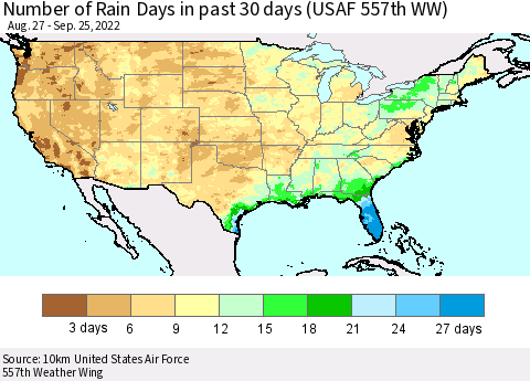 United States Number of Rain Days in past 30 days (USAF 557th WW) 09/25/2022 Thematic Map For 9/21/2022 - 9/25/2022