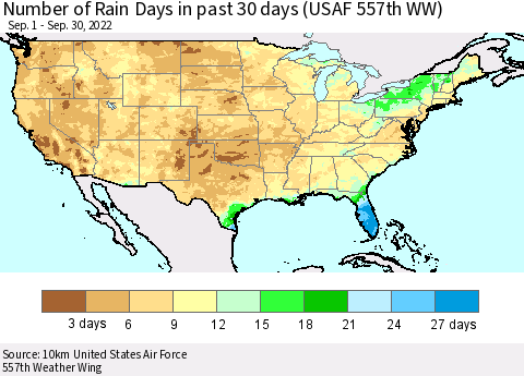United States Number of Rain Days in past 30 days (USAF 557th WW) 09/30/2022 Thematic Map For 9/26/2022 - 9/30/2022