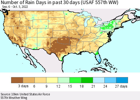 United States Number of Rain Days in past 30 days (USAF 557th WW) 10/05/2022 Thematic Map For 10/1/2022 - 10/5/2022
