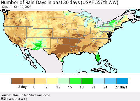 United States Number of Rain Days in past 30 days (USAF 557th WW) 10/10/2022 Thematic Map For 10/6/2022 - 10/10/2022
