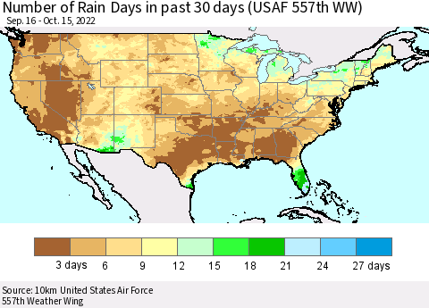 United States Number of Rain Days in past 30 days (USAF 557th WW) 10/15/2022 Thematic Map For 10/11/2022 - 10/15/2022