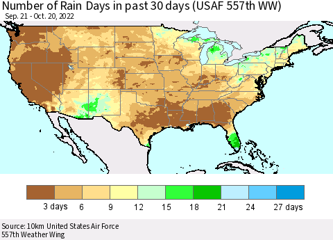 United States Number of Rain Days in past 30 days (USAF 557th WW) 10/20/2022 Thematic Map For 10/16/2022 - 10/20/2022