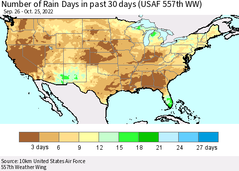 United States Number of Rain Days in past 30 days (USAF 557th WW) 10/25/2022 Thematic Map For 10/21/2022 - 10/25/2022