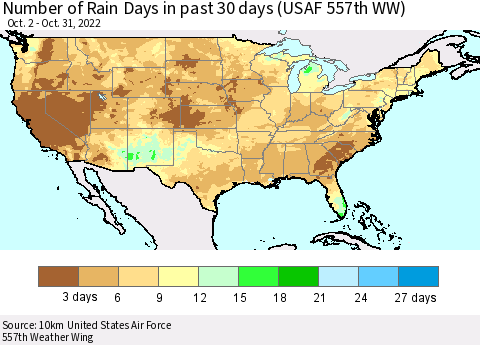 United States Number of Rain Days in past 30 days (USAF 557th WW) 10/31/2022 Thematic Map For 10/26/2022 - 10/31/2022