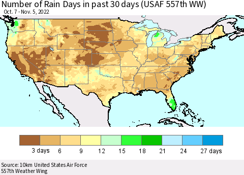 United States Number of Rain Days in past 30 days (USAF 557th WW) 11/05/2022 Thematic Map For 11/1/2022 - 11/5/2022