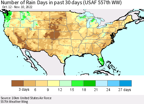 United States Number of Rain Days in past 30 days (USAF 557th WW) Thematic Map For 11/6/2022 - 11/10/2022