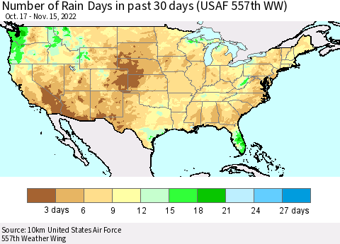 United States Number of Rain Days in past 30 days (USAF 557th WW) 11/15/2022 Thematic Map For 11/11/2022 - 11/15/2022