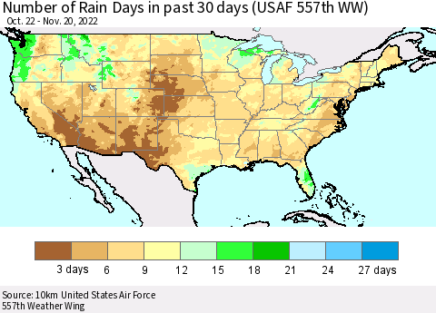 United States Number of Rain Days in past 30 days (USAF 557th WW) 11/20/2022 Thematic Map For 11/16/2022 - 11/20/2022