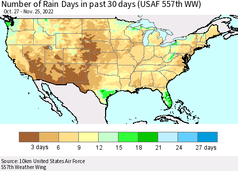 United States Number of Rain Days in past 30 days (USAF 557th WW) 11/25/2022 Thematic Map For 11/21/2022 - 11/25/2022