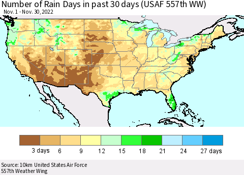 United States Number of Rain Days in past 30 days (USAF 557th WW) 11/30/2022 Thematic Map For 11/26/2022 - 11/30/2022