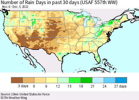 United States Number of Rain Days in past 30 days (USAF 557th WW) 12/05/2022 Thematic Map For 12/1/2022 - 12/5/2022