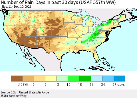 United States Number of Rain Days in past 30 days (USAF 557th WW) 12/10/2022 Thematic Map For 12/6/2022 - 12/10/2022