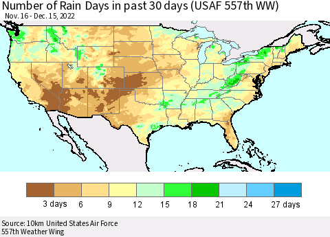 United States Number of Rain Days in past 30 days (USAF 557th WW) 12/15/2022 Thematic Map For 12/11/2022 - 12/15/2022