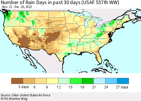 United States Number of Rain Days in past 30 days (USAF 557th WW) 12/20/2022 Thematic Map For 12/16/2022 - 12/20/2022