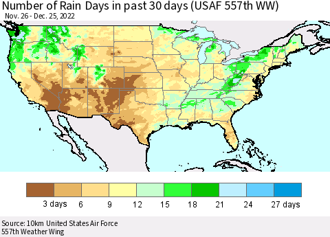 United States Number of Rain Days in past 30 days (USAF 557th WW) 12/25/2022 Thematic Map For 12/21/2022 - 12/25/2022