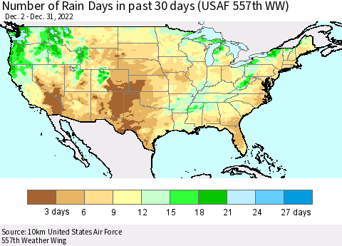 United States Number of Rain Days in past 30 days (USAF 557th WW) 12/31/2022 Thematic Map For 12/26/2022 - 12/31/2022