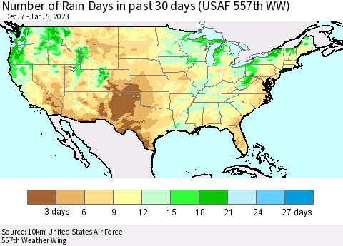 United States Number of Rain Days in past 30 days (USAF 557th WW) 01/05/2023 Thematic Map For 1/1/2023 - 1/5/2023