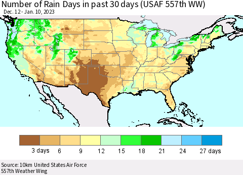 United States Number of Rain Days in past 30 days (USAF 557th WW) 01/10/2023 Thematic Map For 1/6/2023 - 1/10/2023