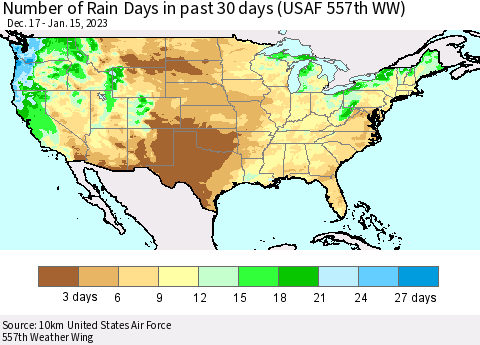 United States Number of Rain Days in past 30 days (USAF 557th WW) 01/15/2023 Thematic Map For 1/11/2023 - 1/15/2023