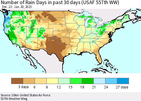 United States Number of Rain Days in past 30 days (USAF 557th WW) 01/20/2023 Thematic Map For 1/16/2023 - 1/20/2023