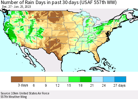 United States Number of Rain Days in past 30 days (USAF 557th WW) 01/25/2023 Thematic Map For 1/21/2023 - 1/25/2023