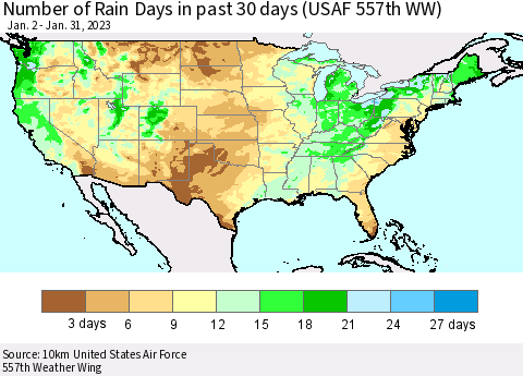 United States Number of Rain Days in past 30 days (USAF 557th WW) 01/31/2023 Thematic Map For 1/26/2023 - 1/31/2023