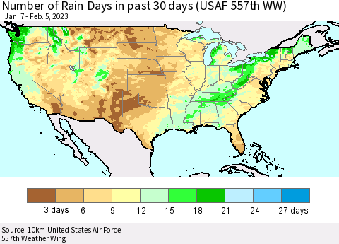 United States Number of Rain Days in past 30 days (USAF 557th WW) 02/05/2023 Thematic Map For 2/1/2023 - 2/5/2023
