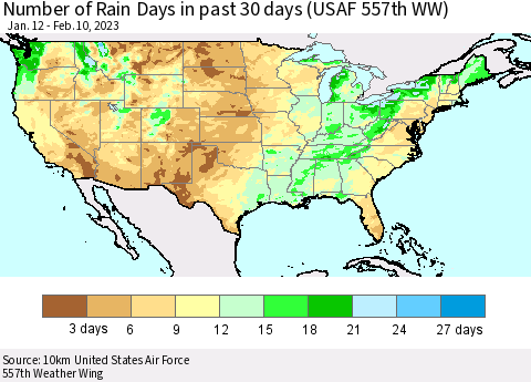 United States Number of Rain Days in past 30 days (USAF 557th WW) 02/10/2023 Thematic Map For 2/6/2023 - 2/10/2023