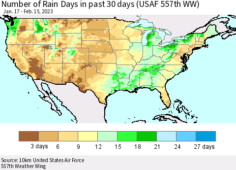 United States Number of Rain Days in past 30 days (USAF 557th WW) 02/15/2023 Thematic Map For 2/11/2023 - 2/15/2023