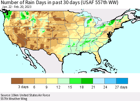 United States Number of Rain Days in past 30 days (USAF 557th WW) 02/20/2023 Thematic Map For 2/16/2023 - 2/20/2023